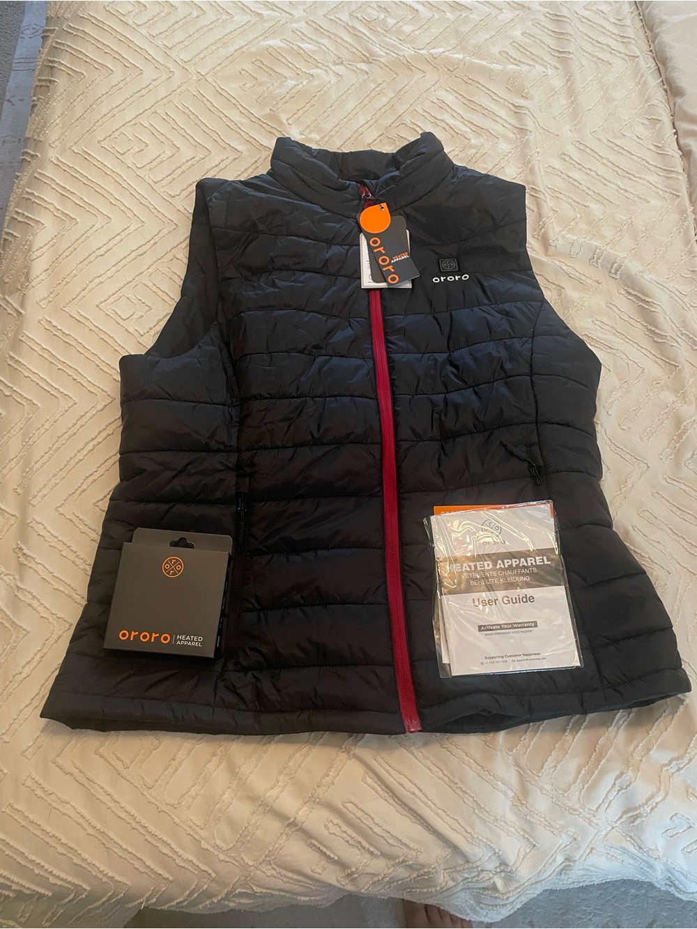 Ororo Women's Black Heated Puffer Vest with Red Trim